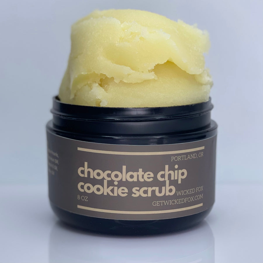 Indulgent Chocolate Chip Scrub by Wicked Fox, made in Portland. Ideal for gay men seeking to reduce butt acne and stretch marks. Perfect for those interested in jockstraps too.