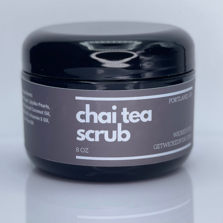 Wicked Fox Chai Tea Scrub, a Portland-made skincare product for gay men. Helps reduce butt acne and stretch marks. Perfect for those interested in jockstraps as well. Indulge in smooth, flawless skin."