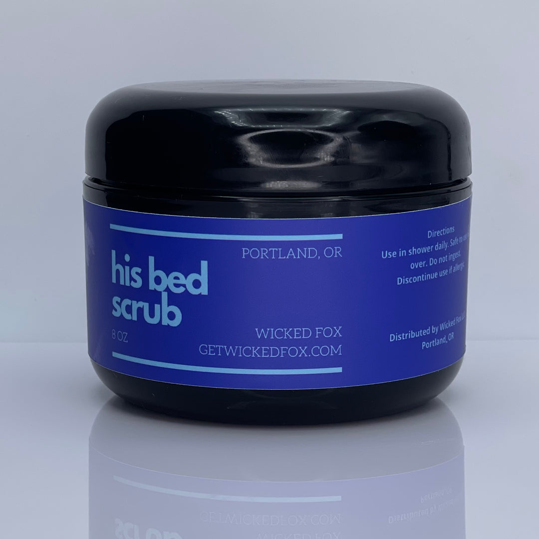 His Bed Body Scrub by Wicked Fox: A luxurious sugar scrub from Portland, Oregon. Infused with the irresistible scent of teakwood, this scrub exudes masculinity and sensuality. Experience a full-body glow, including your booty cheeks.
