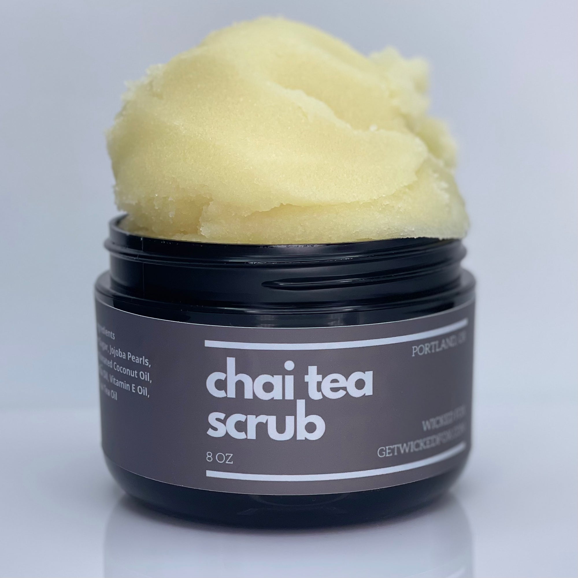 Wicked Fox Chai Tea Scrub, a Portland-made skincare product for gay men. Helps reduce butt acne and stretch marks. Perfect for those interested in jockstraps as well. Indulge in smooth, flawless skin."