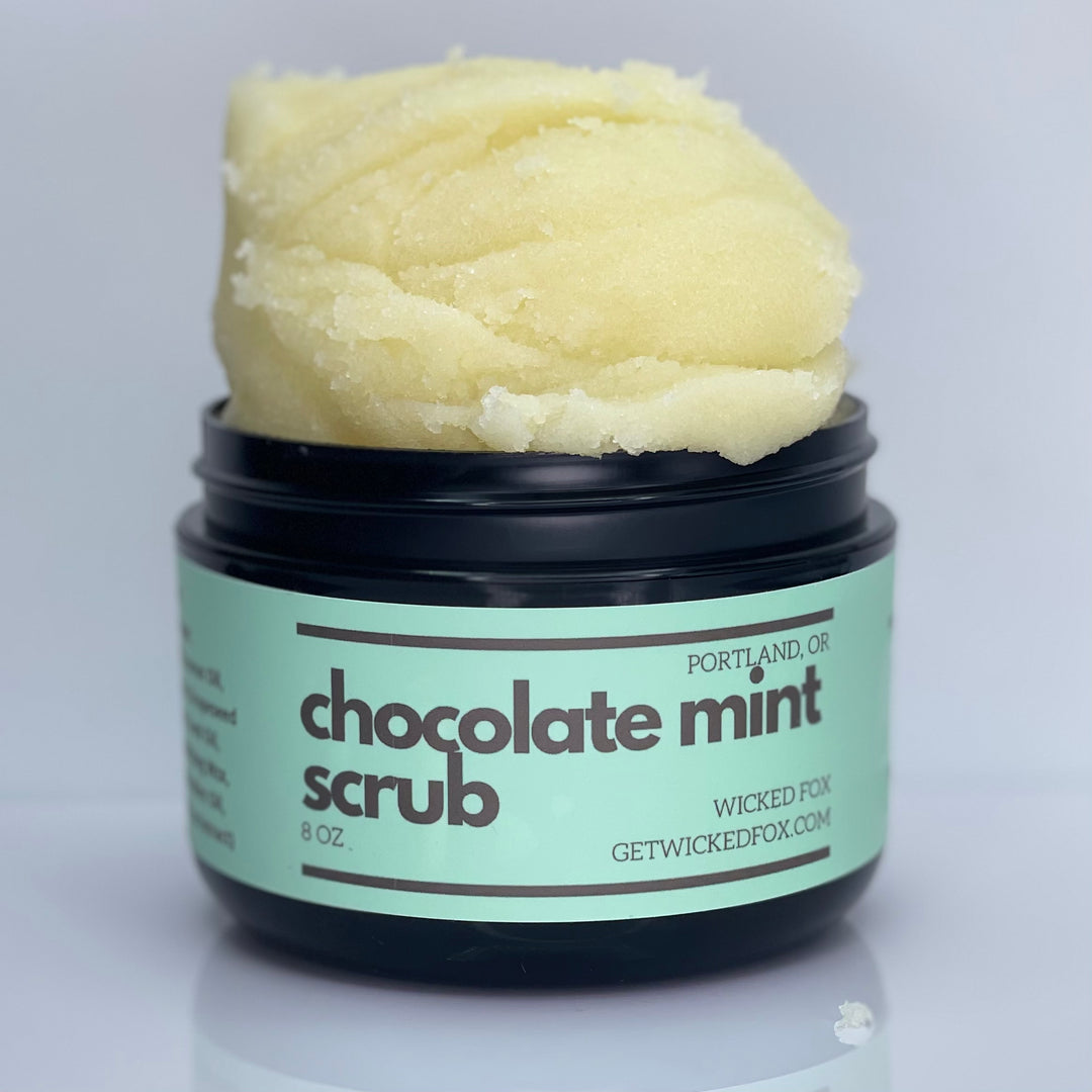 Wicked Fox Chocolate Mint Scrub - Made in Portland, perfect for gay men combating butt acne and stretch marks. Indulge in self-care with this luxurious product. Also check out our jockstraps for added confidence and style.